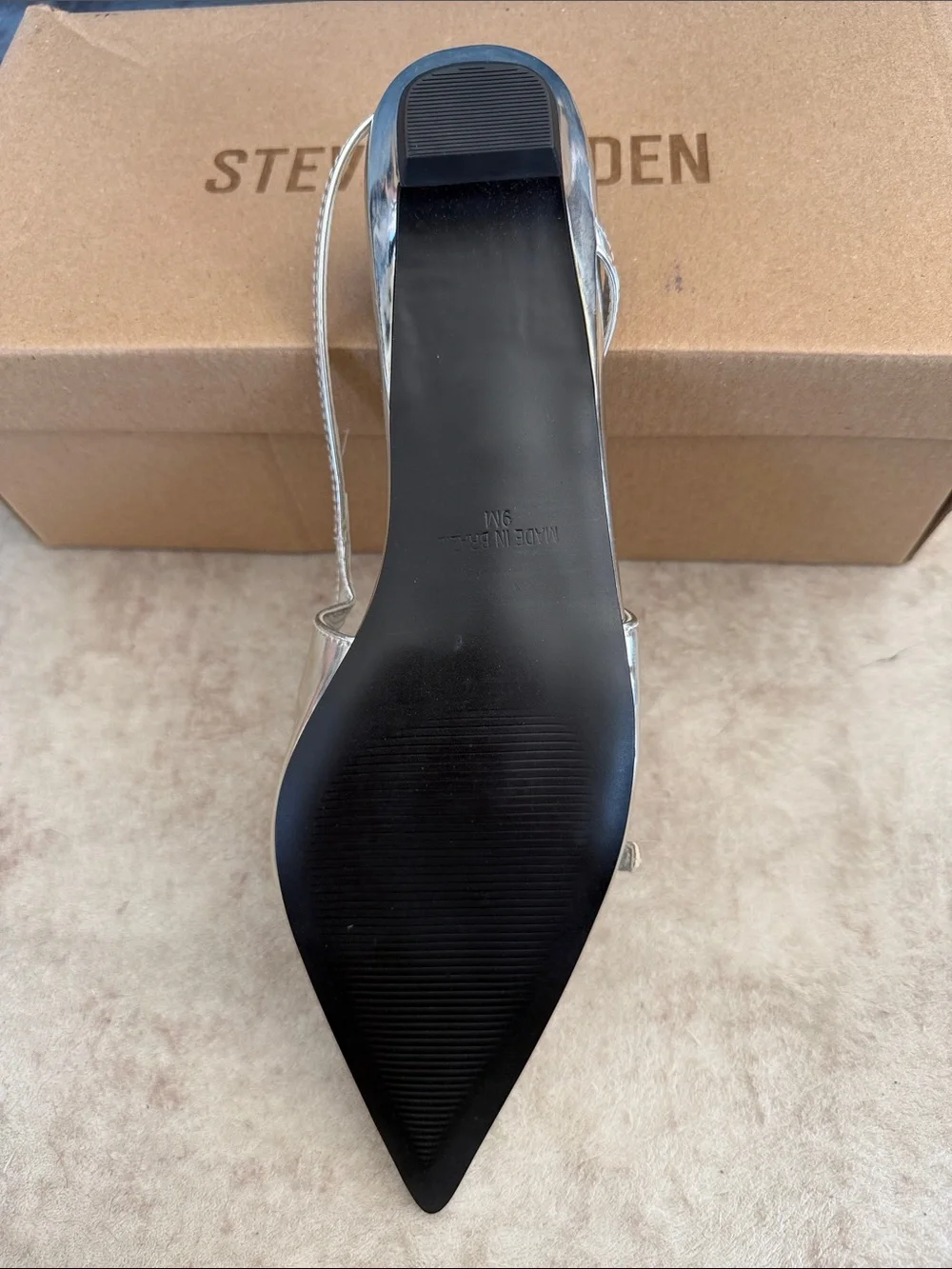 Steve Madden Peony Metallic Silver Pointed Slingback Flats with Strappy Buckle